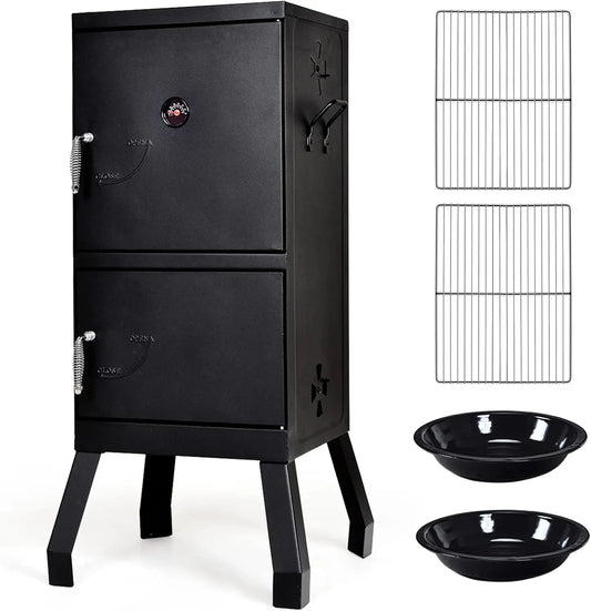 Outdoor Smoker with Double Doors, 2 Detachable Grill Netting Smoking Racks, Charcoal Pan & Water Pan, 4 Air Vents, Thermometer