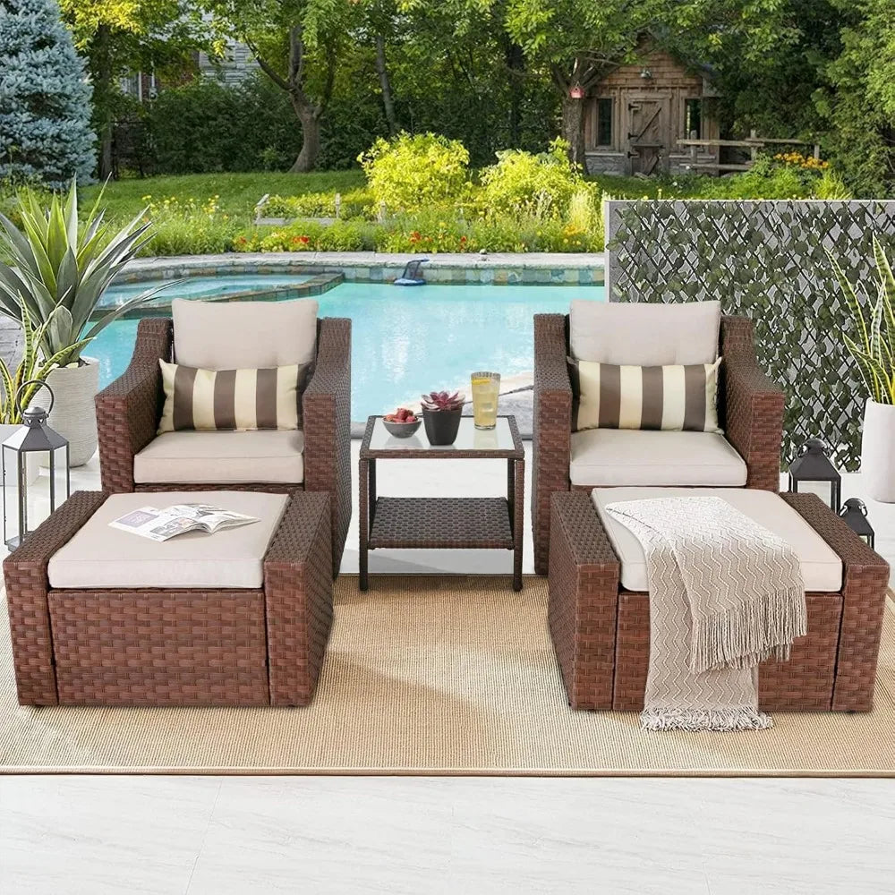 Outdoor Patio Furniture Set 7-Piece Wicker Conversation  Lounge Chairs with Ottoman & Loveseat with Glass Coffee Table Pillow