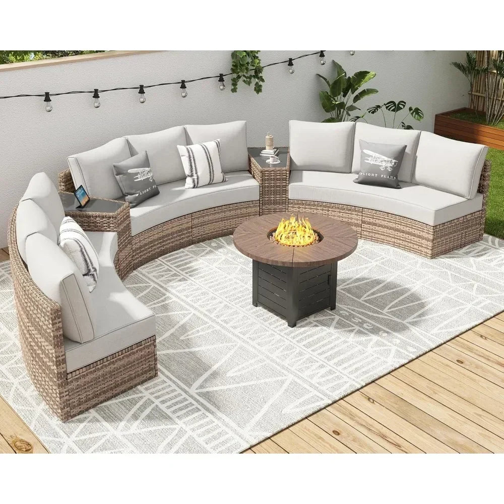 11 Piece Half-Moon Sectional Round Sofa Set, Outdoor Patio Furniture