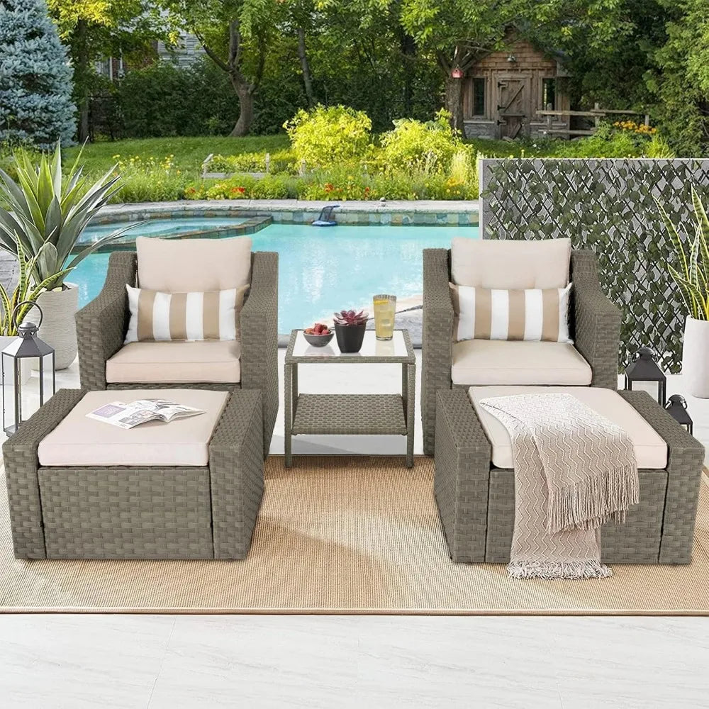 Outdoor Patio Furniture Set 7-Piece Wicker Conversation  Lounge Chairs with Ottoman & Loveseat with Glass Coffee Table Pillow