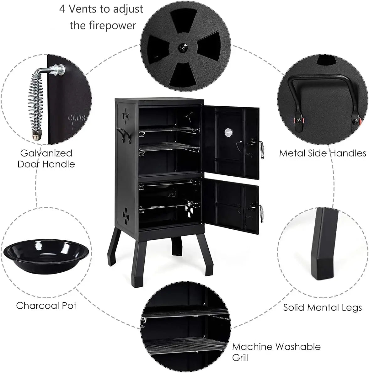 Outdoor Smoker with Double Doors, 2 Detachable Grill Netting Smoking Racks, Charcoal Pan & Water Pan, 4 Air Vents, Thermometer