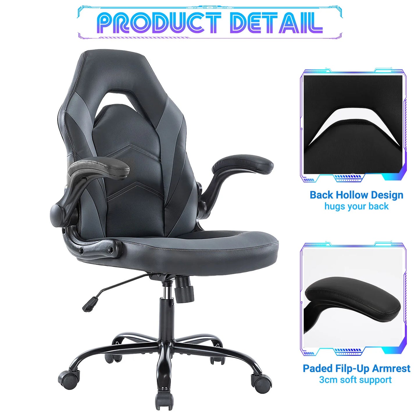 JHK Ergonomic Office Computer Home Gaming Desk Chair Adjustable PU Leather Racing Chair Flip-up Armrest For Christmas Furniture