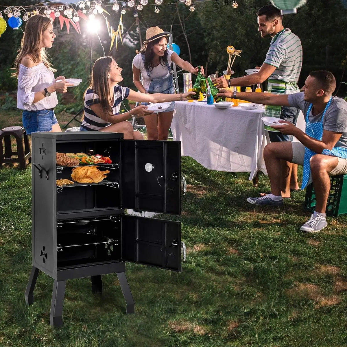 Outdoor Smoker with Double Doors, 2 Detachable Grill Netting Smoking Racks, Charcoal Pan & Water Pan, 4 Air Vents, Thermometer