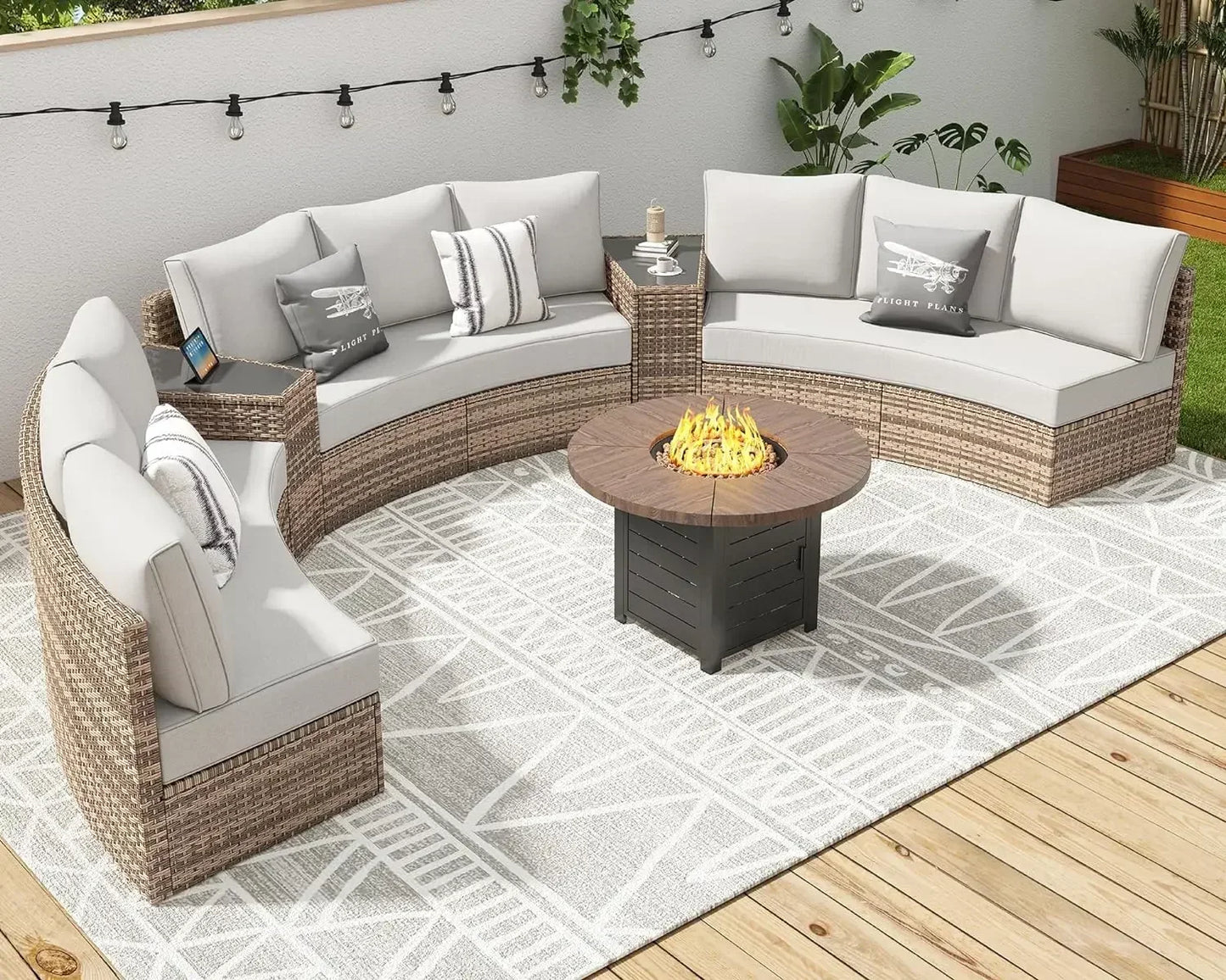 11 Piece Half-Moon Sectional Round Sofa Set, Outdoor Patio Furniture