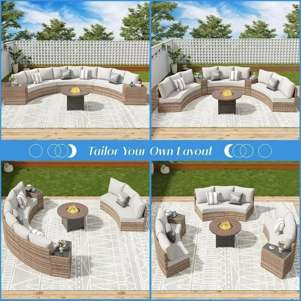 11 Piece Half-Moon Sectional Round Sofa Set, Outdoor Patio Furniture