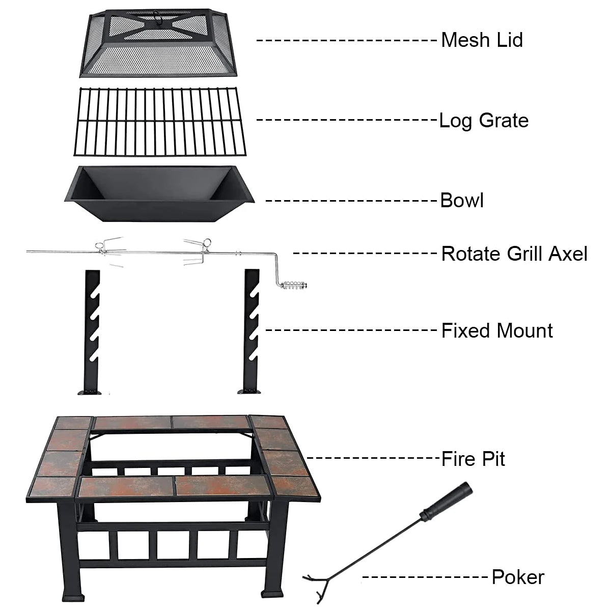 6 Sizes Metal Fire Pit with Mesh Cover