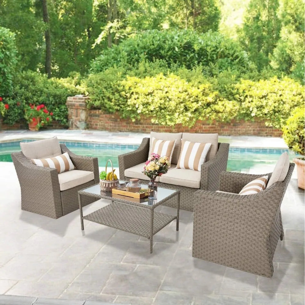 Outdoor Patio Furniture Set 7-Piece Wicker Conversation  Lounge Chairs with Ottoman & Loveseat with Glass Coffee Table Pillow